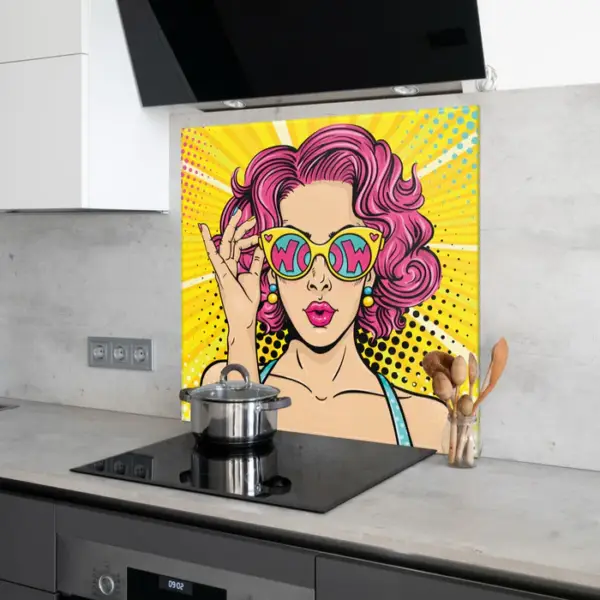 6mm Toughened Glass Kitchen Splashback - "Wow Girl Pop Art" Design 589