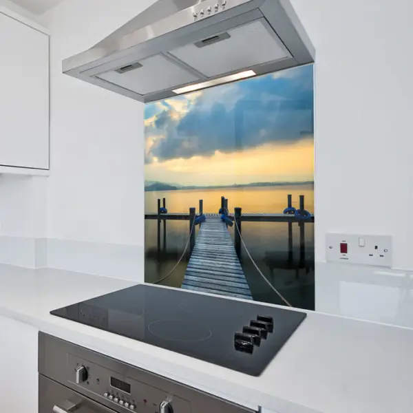 6mm Toughened Glass Kitchen Splashback - "Sunset Pier" Design 729