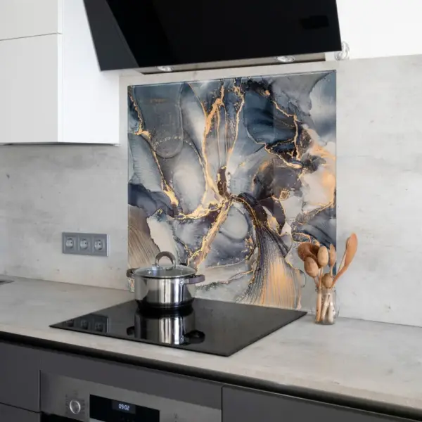 6mm Toughened Printed Glass Kitchen Splashback - Elegant Abstract Marble Fluid Design 134